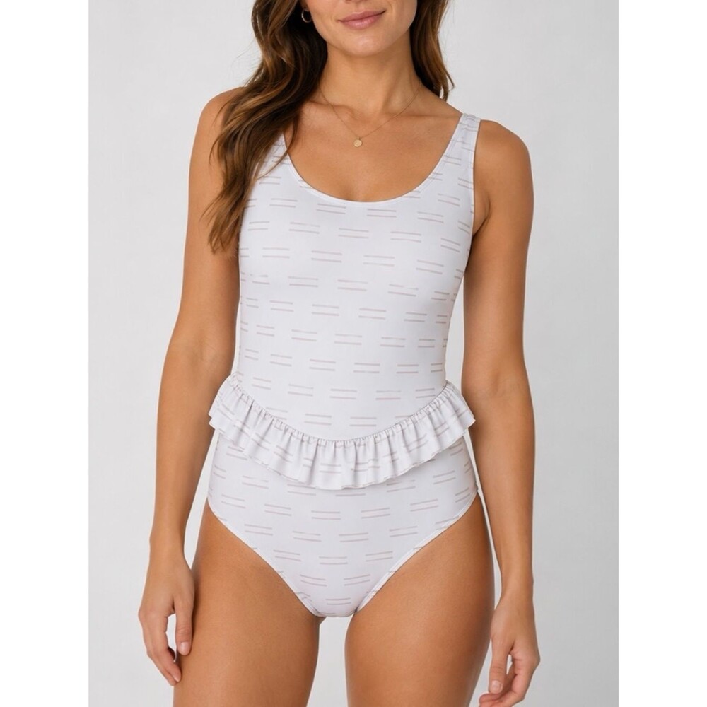 NWT Kortni Jeane One Piece The Skirted Swimsuit Sz XS Taupe Dashes Ruffle Modest